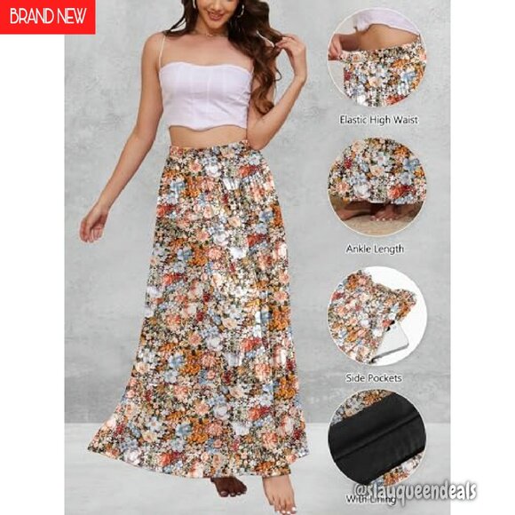 High Waisted Maxi Skirt with Pockets A-Line Pleated Long Skirt - Picture 5 of 8